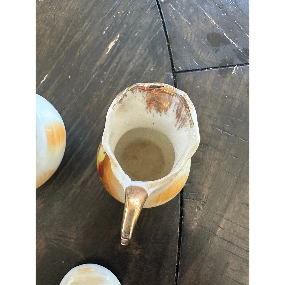 Vintage Mini Creamer Sugar Bowl Set Hand Painted Fruit Gold Trim Porcelain Japan